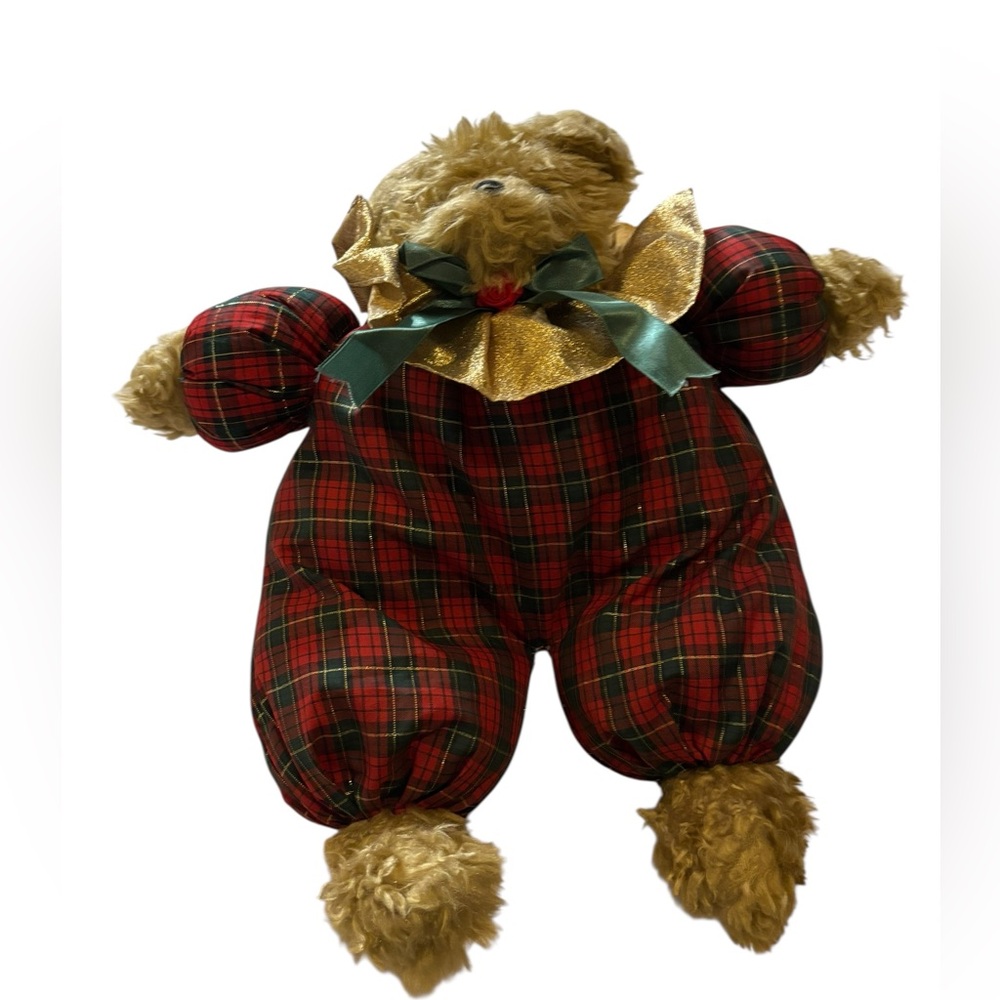 Plaid Holiday Teddy Bear with Gold Collar and Green Bow
